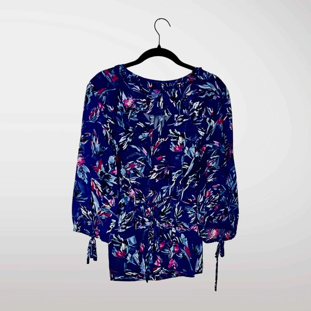 ELLE Navy Floral Sheer Blouse Size Large - Picture 2 of 5